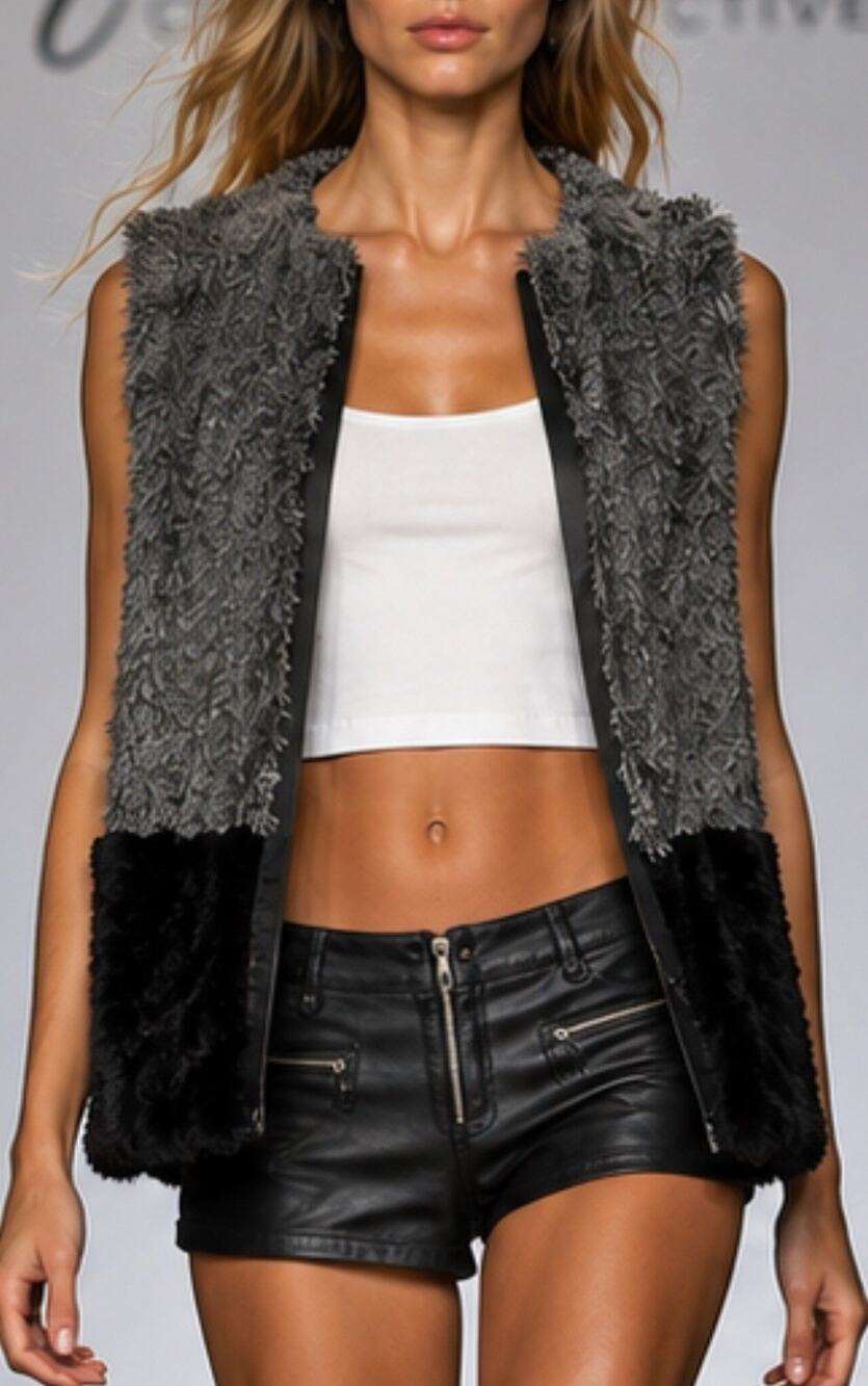 AQUA Faux Fur Fuzzy Sleeveless Cardigan Vest Size S Gray Black Jacket Sweater